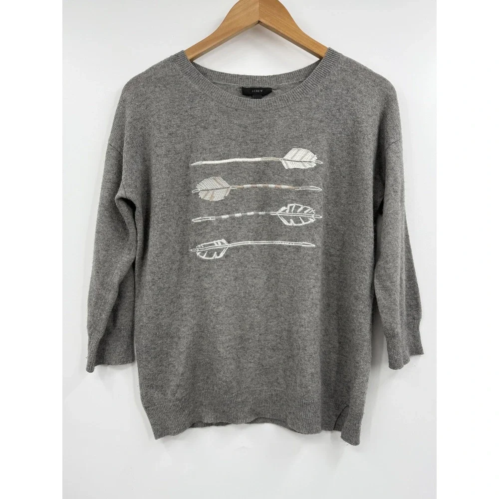 J.Crew Gray Arrow Embroidered 3/4 Sleeve Crew Neck Sweater Casual Top